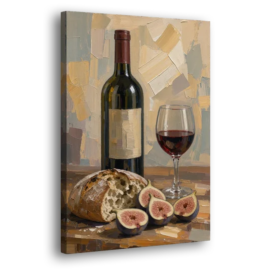 Red Wine Painting with Bread and Figs - Canvas Wall Art - Side