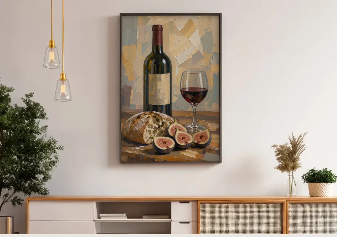 Red Wine Painting with Bread and Figs canvas wall art above a wooden sideboard under pendant lights