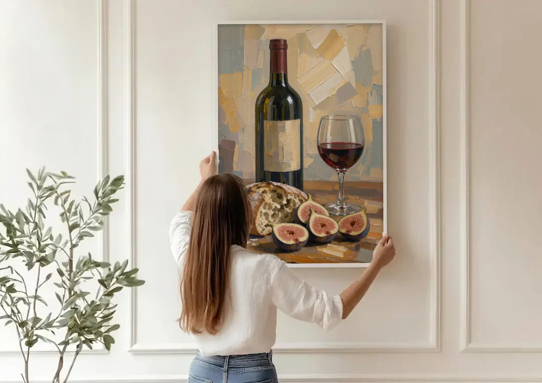 Red Wine Painting with Bread and Figs canvas wall art being hung on a paneled wall