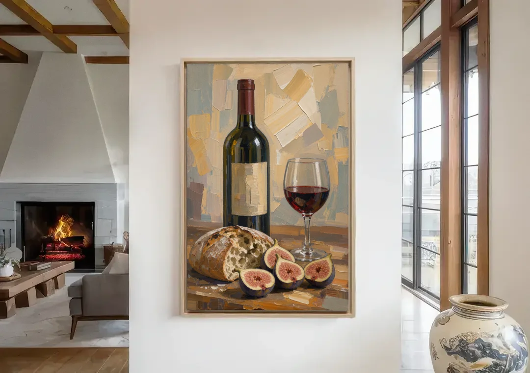 Red Wine Painting with Bread and Figs canvas wall art in a living room with a fireplace