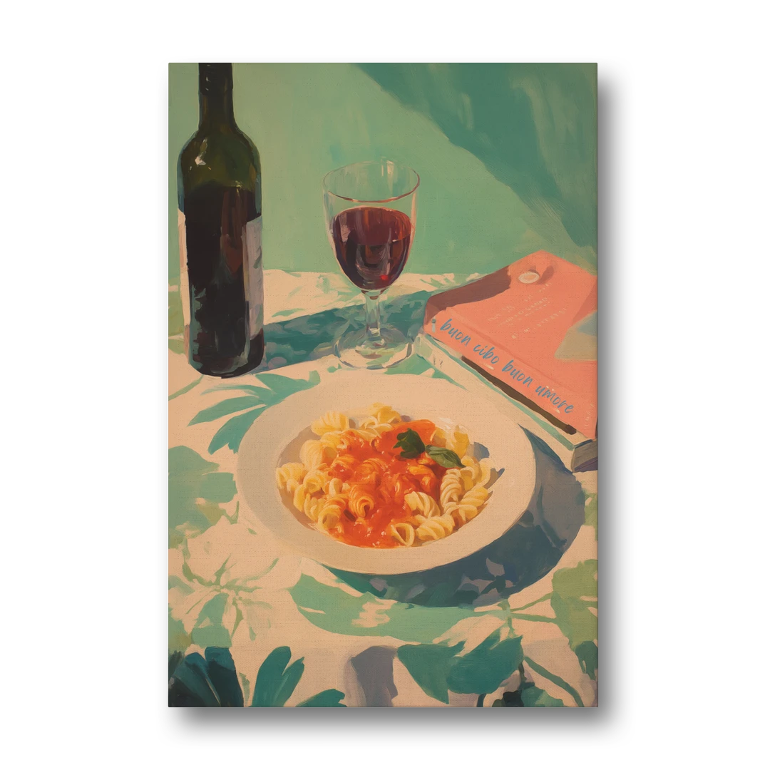 Red Wine Painting with Pasta and a Book - Canvas Wall Art - Front