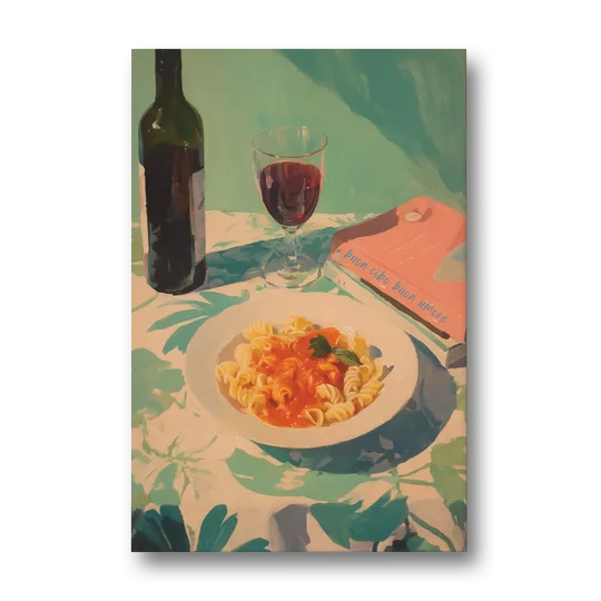 Red Wine Painting with Pasta and a Book - Canvas Wall Art - Front