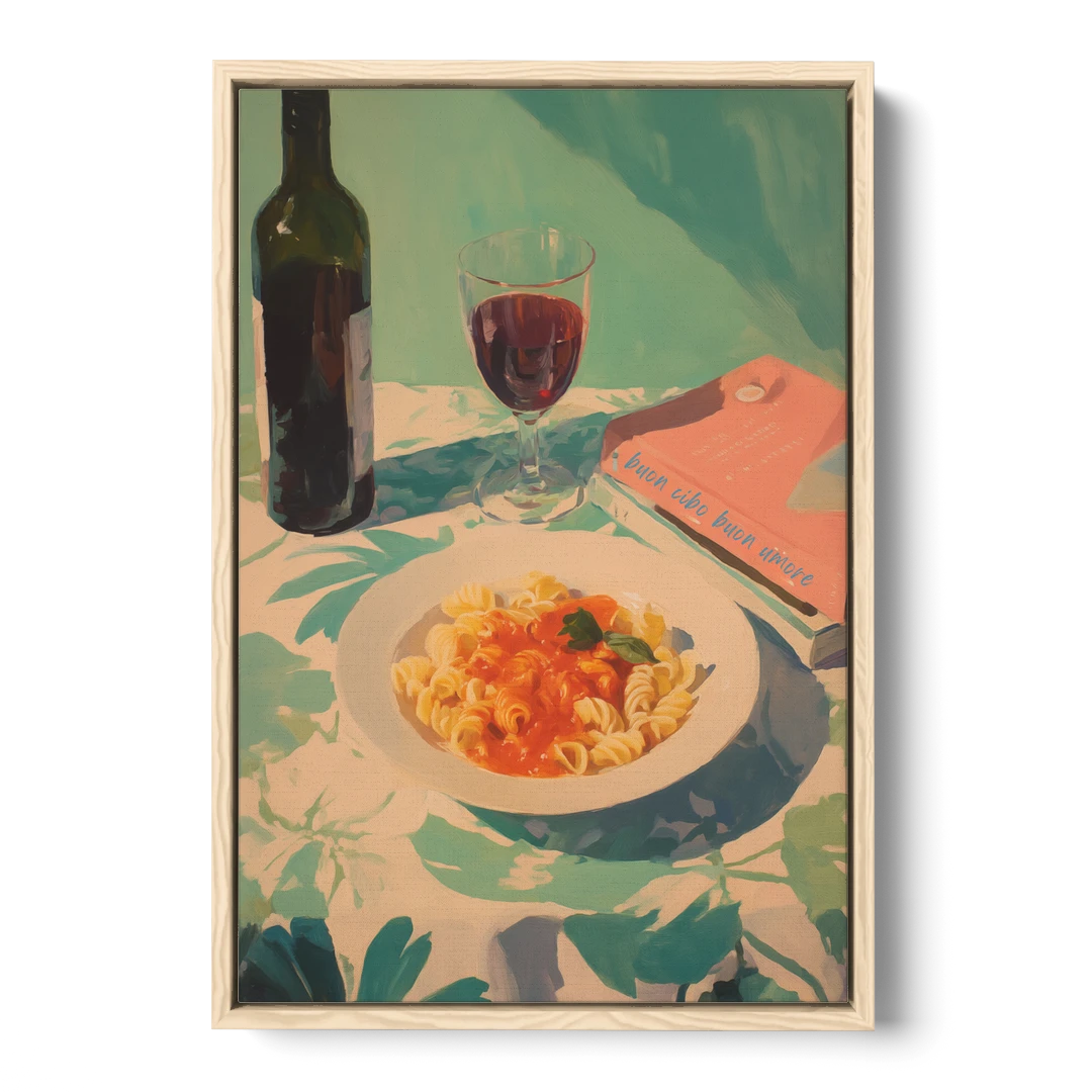 Red Wine Painting with Pasta and a Book - Oak Framed Canvas Wall Art - Front