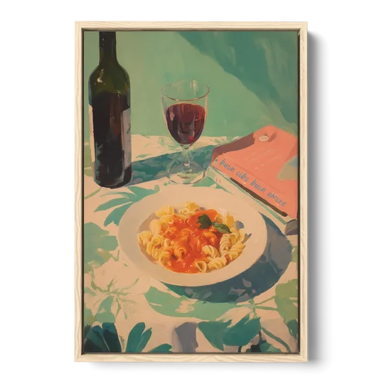 Red Wine Painting with Pasta and a Book - Oak Framed Canvas Wall Art - Front