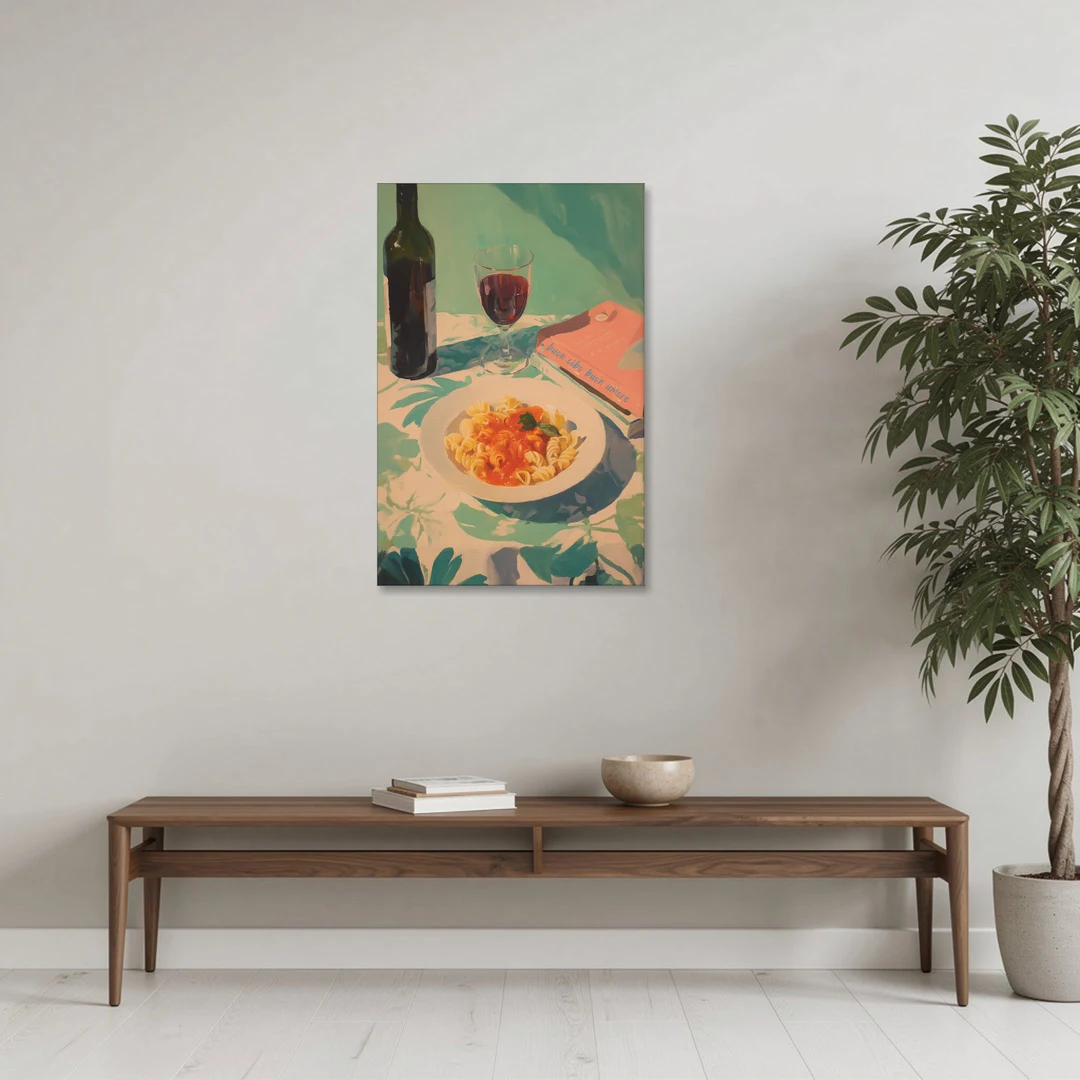 Red Wine Painting with Pasta and a Book - Canvas Wall Art - Coffee Table - 24x36
