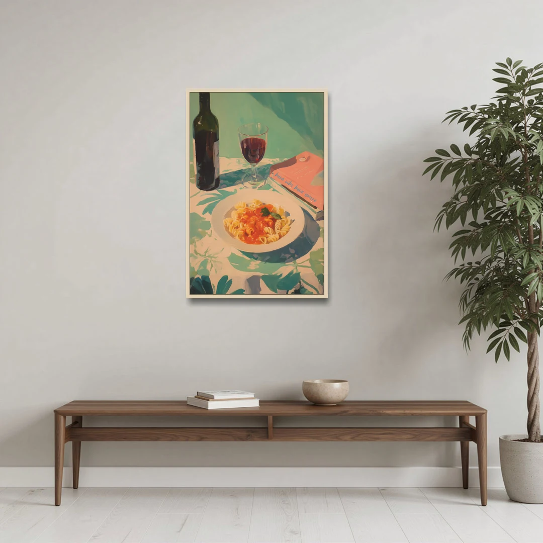 Red Wine Painting with Pasta and a Book - Oak Framed Canvas Wall Art - Coffee Table - 24x36