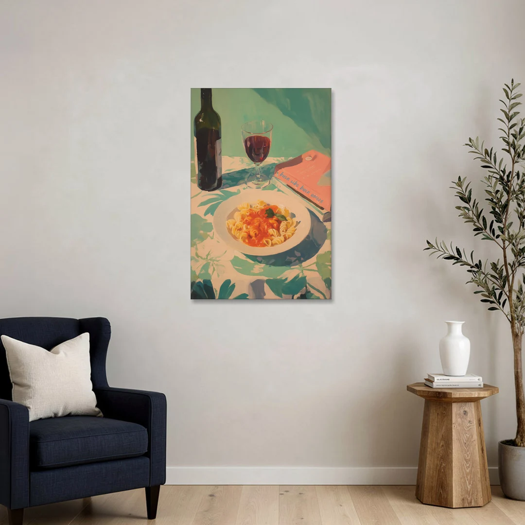 Red Wine Painting with Pasta and a Book - Canvas Wall Art - Sofa - 24x36