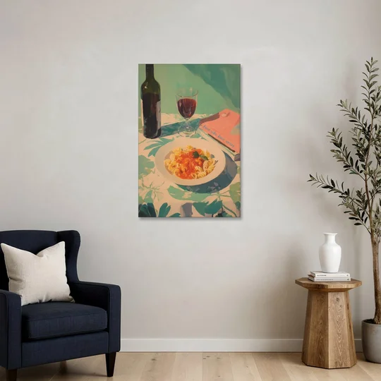 Red Wine Painting with Pasta and a Book - Canvas Wall Art - Sofa - 24x36