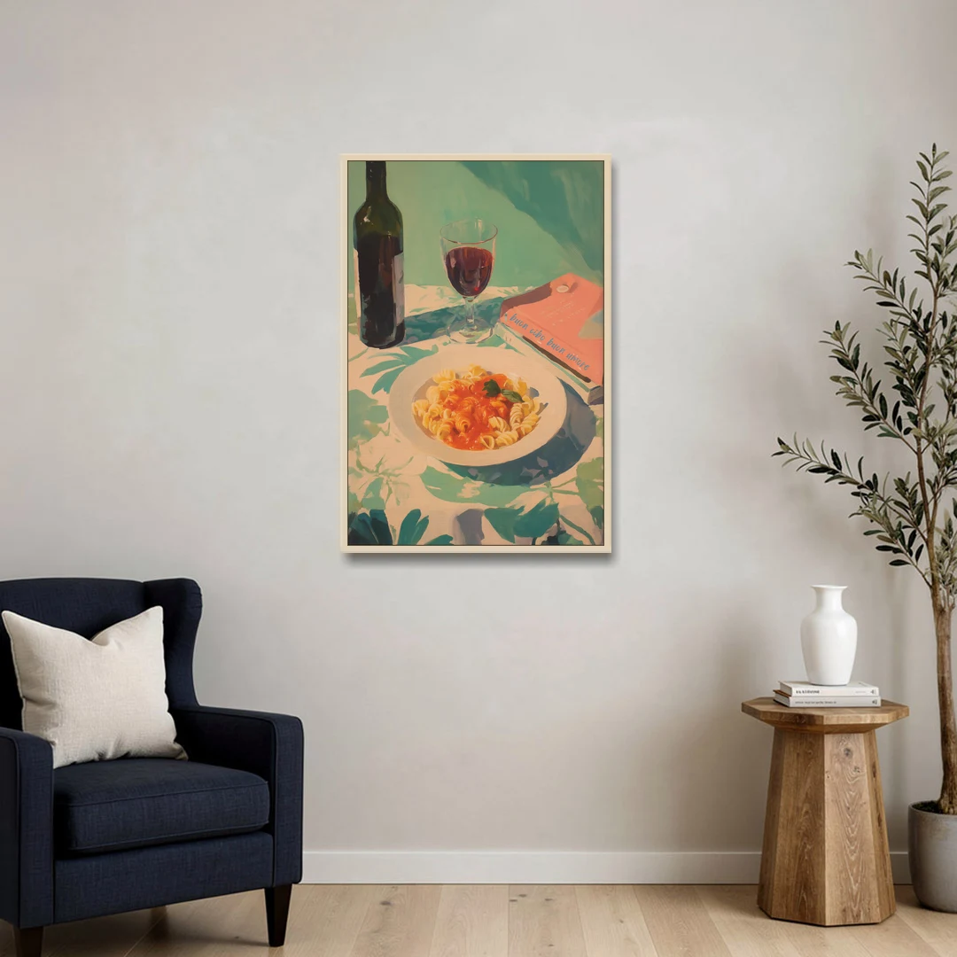 Red Wine Painting with Pasta and a Book - Oak Framed Canvas Wall Art - Sofa - 24x36