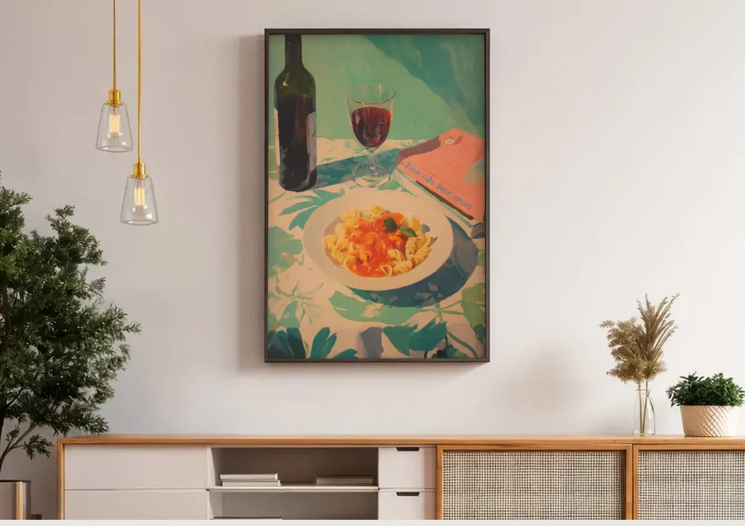 Red Wine Painting with Pasta and a Book canvas wall art above a wooden sideboard under pendant lights