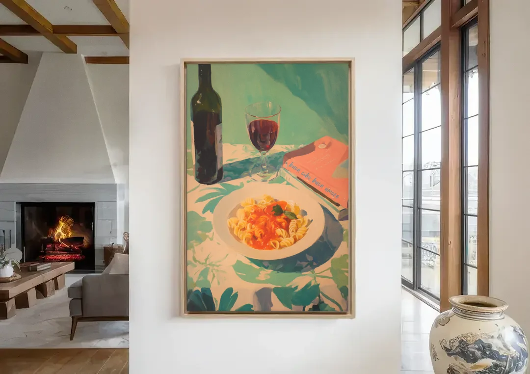 Red Wine Painting with Pasta and a Book canvas wall art in a living room with a fireplace