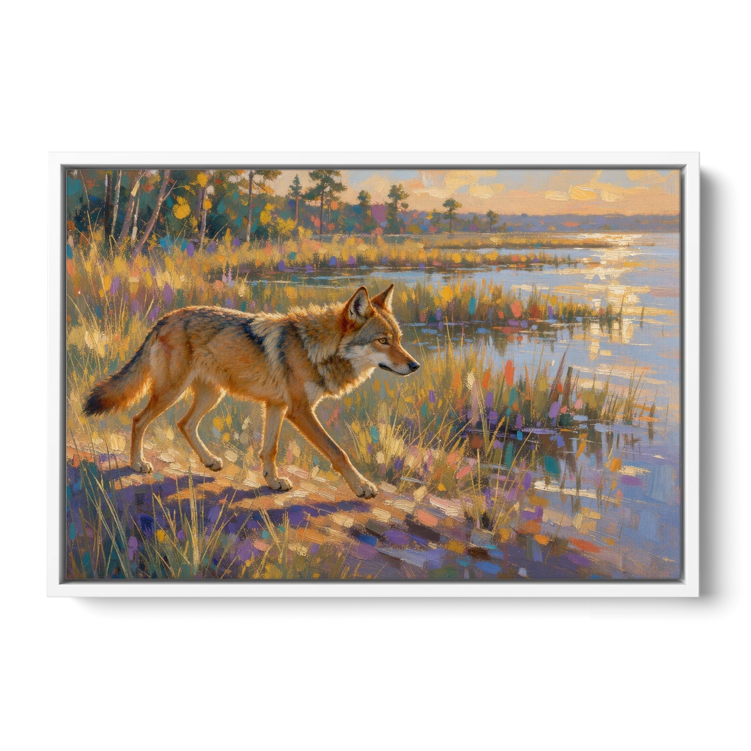 Impressionist Red Wolf at the Golden Marsh - White Framed Canvas Wall Art - Front