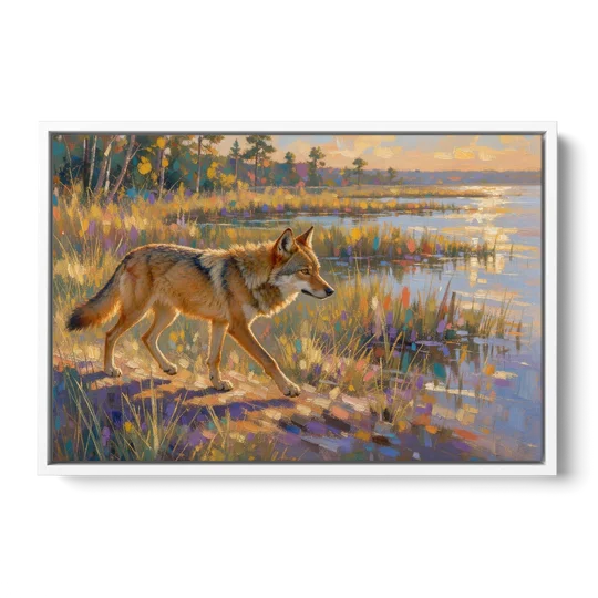 Impressionist Red Wolf at the Golden Marsh - White Framed Canvas Wall Art - Front