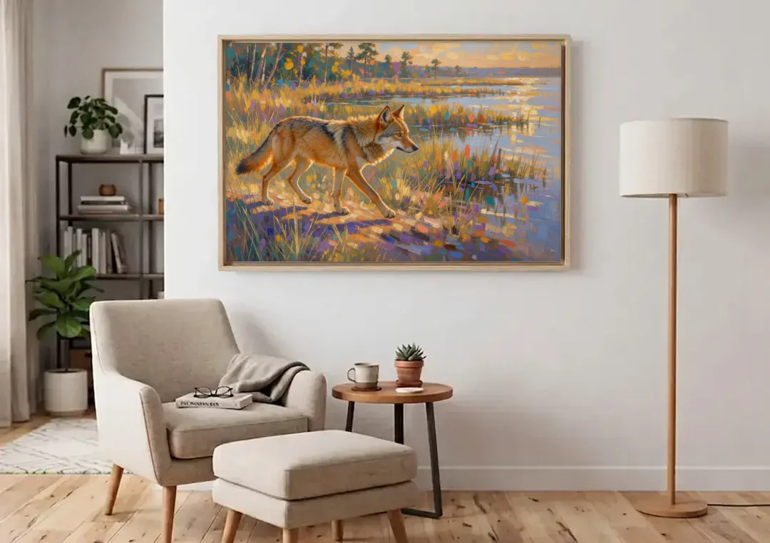 Impressionist Red Wolf at the Golden Marsh canvas wall art above an armchair in a bright living room