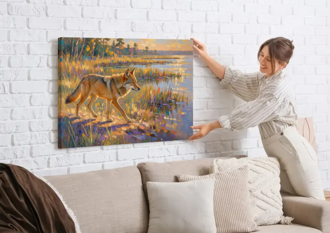 Impressionist Red Wolf at the Golden Marsh canvas wall art being hung on a white brick wall above a sofa