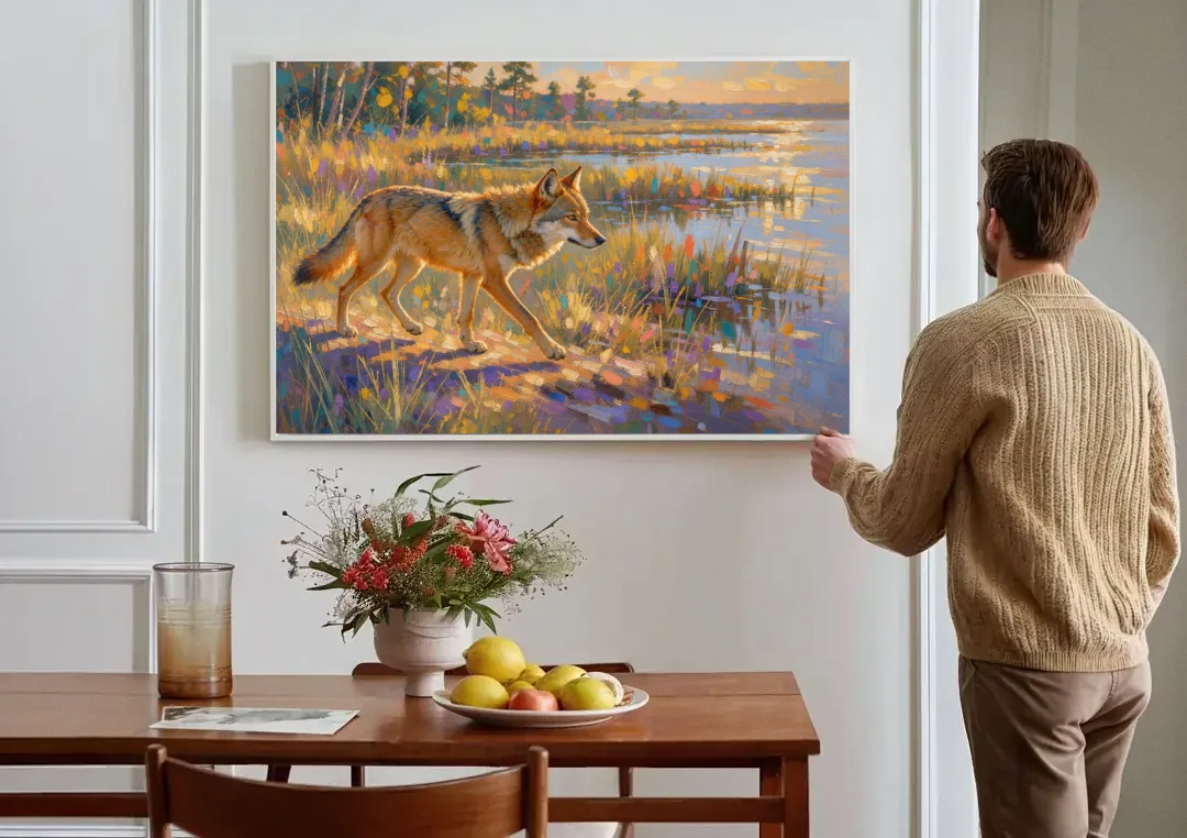 Impressionist Red Wolf at the Golden Marsh canvas wall art above a dining table