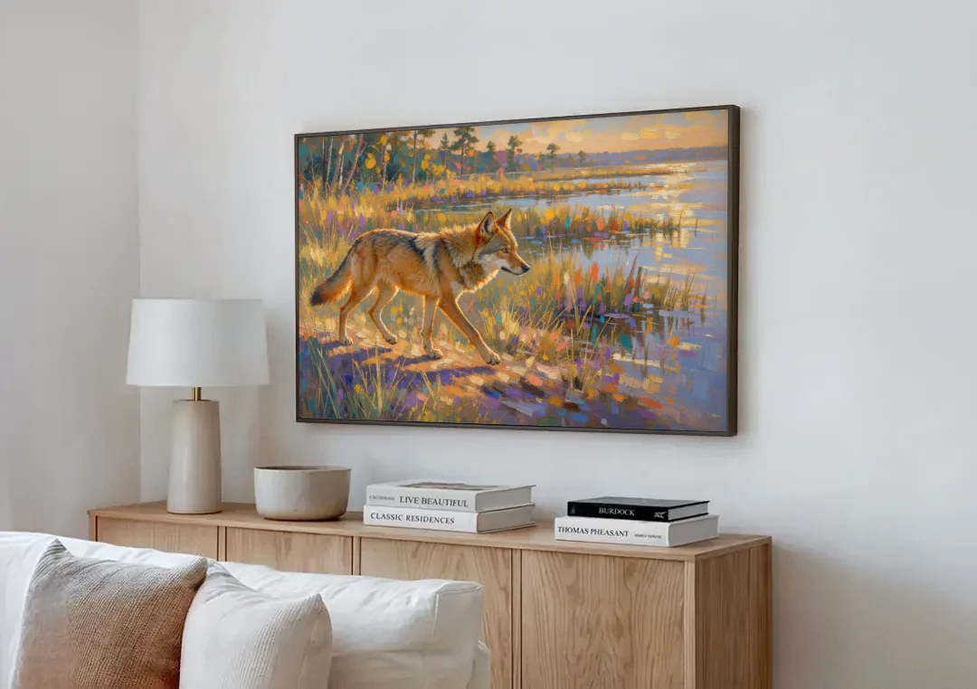 Impressionist Red Wolf at the Golden Marsh canvas wall art above a wooden sideboard next to a sofa