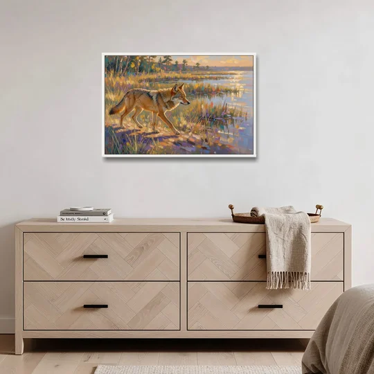 Impressionist Red Wolf at the Golden Marsh - White Framed Canvas Wall Art - Coffee Table - 36x24
