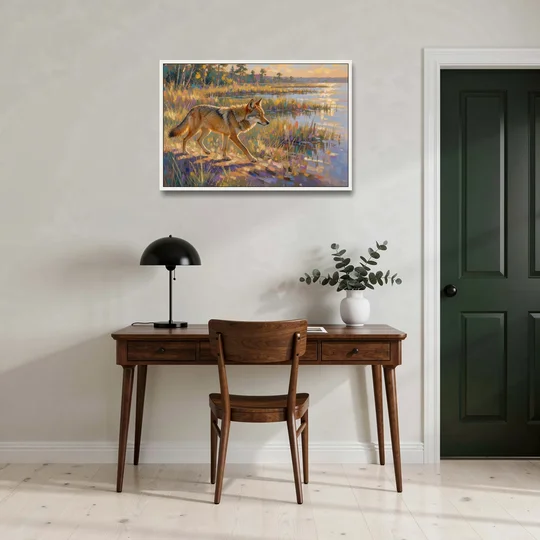 Impressionist Red Wolf at the Golden Marsh - White Framed Canvas Wall Art - Office - 36x24