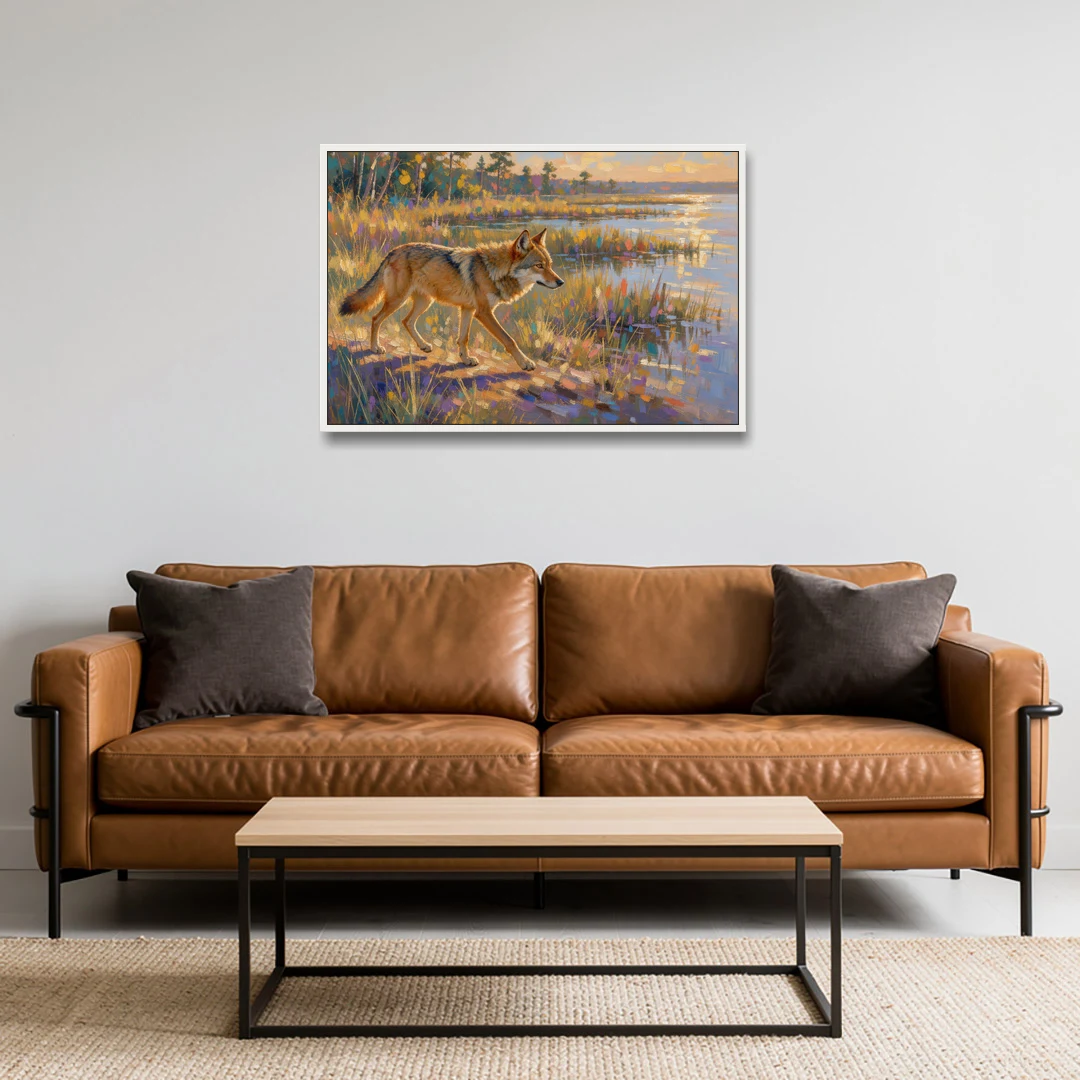 Impressionist Red Wolf at the Golden Marsh - White Framed Canvas Wall Art - Sofa - 36x24