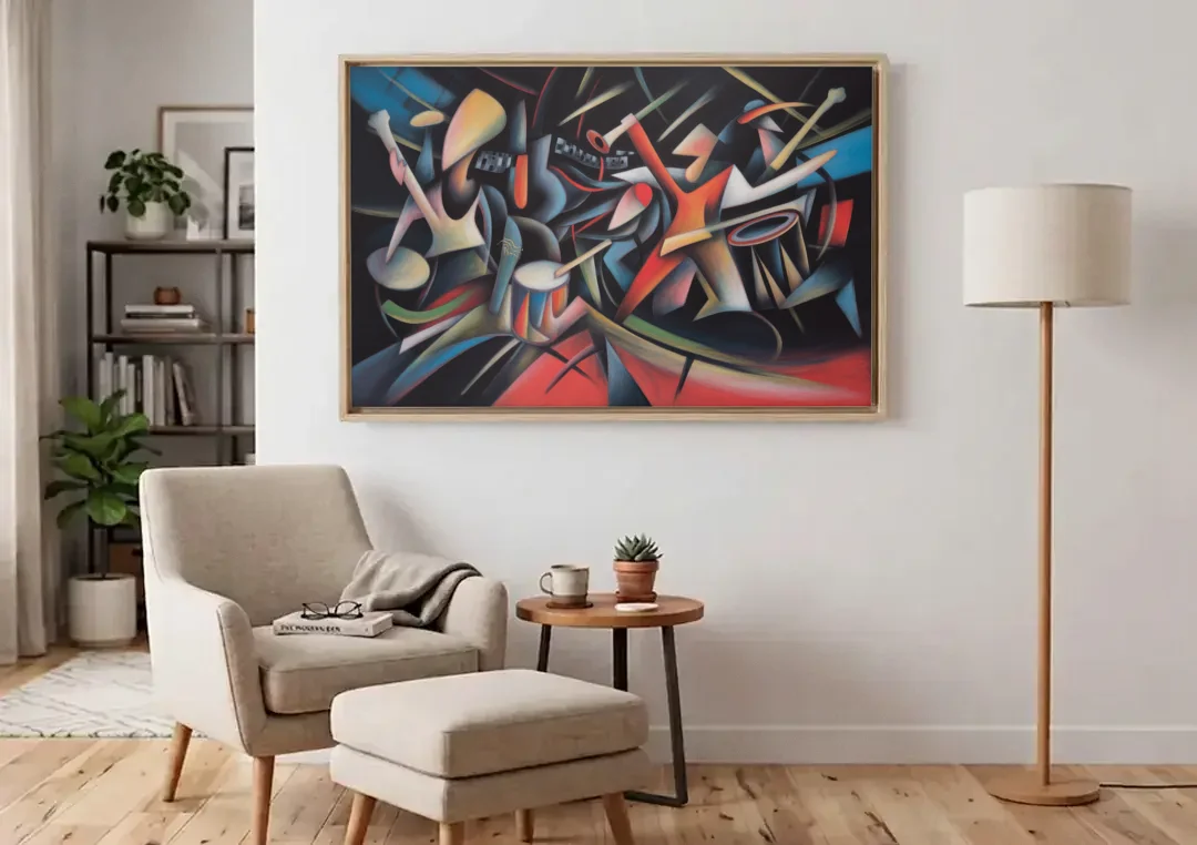 Reeperbahn Rhythm canvas wall art above an armchair in a bright living room