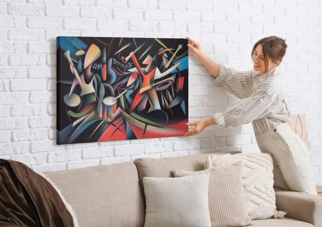 Reeperbahn Rhythm canvas wall art being hung on a white brick wall above a sofa
