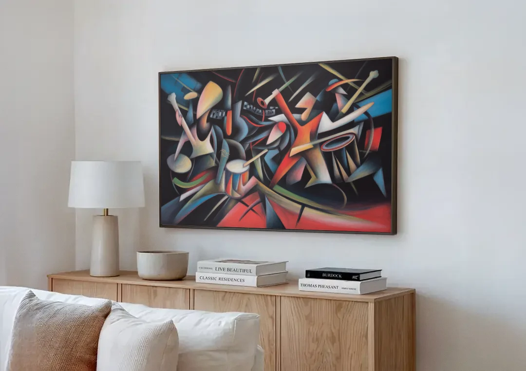 Reeperbahn Rhythm canvas wall art above a wooden sideboard next to a sofa