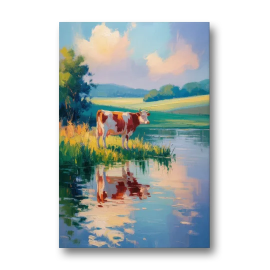 Reflective Cow by Water - Canvas Wall Art - Front