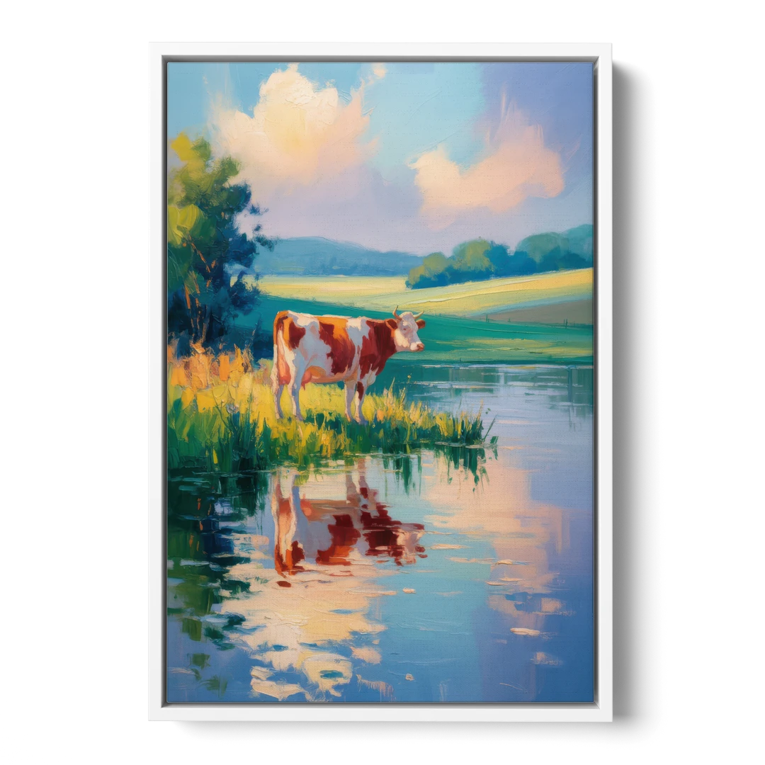 Reflective Cow by Water - White Framed Canvas Wall Art - Front