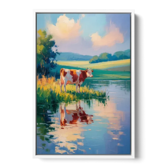 Reflective Cow by Water - White Framed Canvas Wall Art - Front