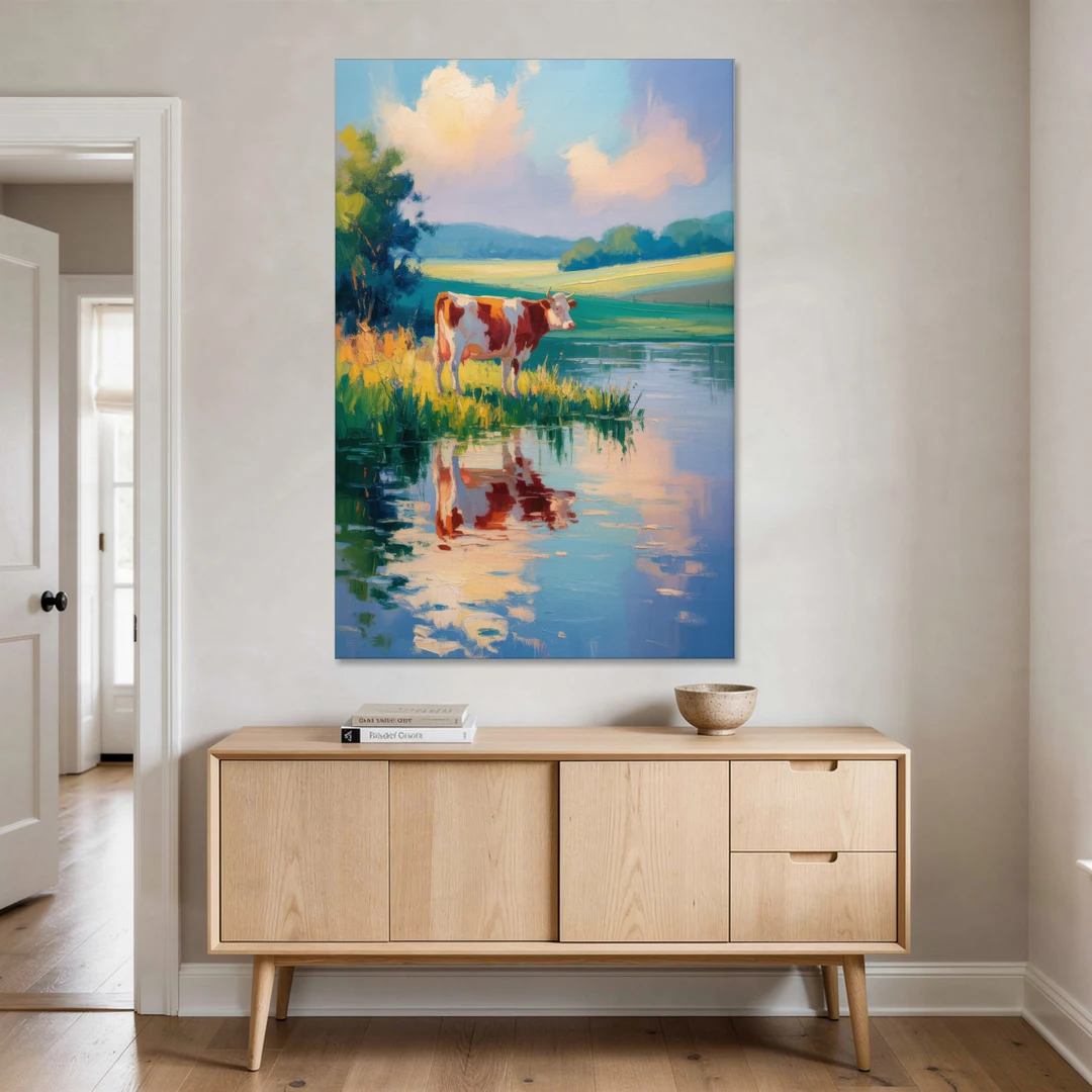 Reflective Cow by Water - Canvas Wall Art - Coffee Table - 40x60