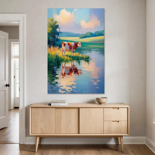 Reflective Cow by Water - Canvas Wall Art - Coffee Table - 40x60