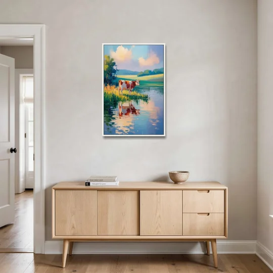 Reflective Cow by Water - White Framed Canvas Wall Art - Coffee Table - 24x36