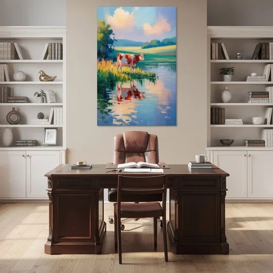 Reflective Cow by Water - Canvas Wall Art - Office - 40x60