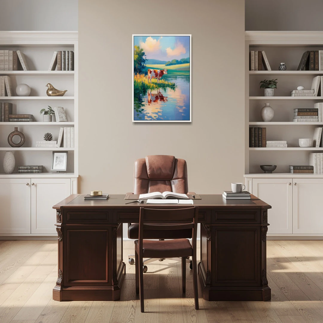 Reflective Cow by Water - White Framed Canvas Wall Art - Office - 24x36