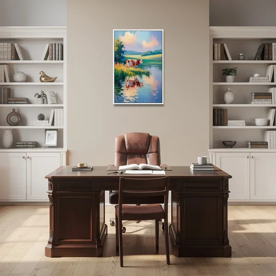 Reflective Cow by Water - White Framed Canvas Wall Art - Office - 24x36