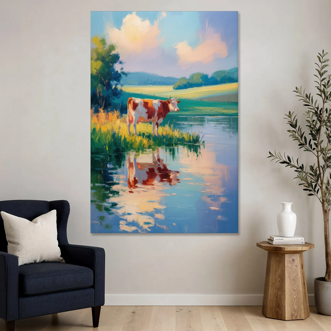 Reflective Cow by Water - Canvas Wall Art - Sofa - 40x60
