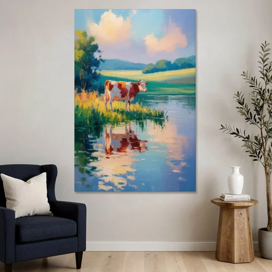 Reflective Cow by Water - Canvas Wall Art - Sofa - 40x60