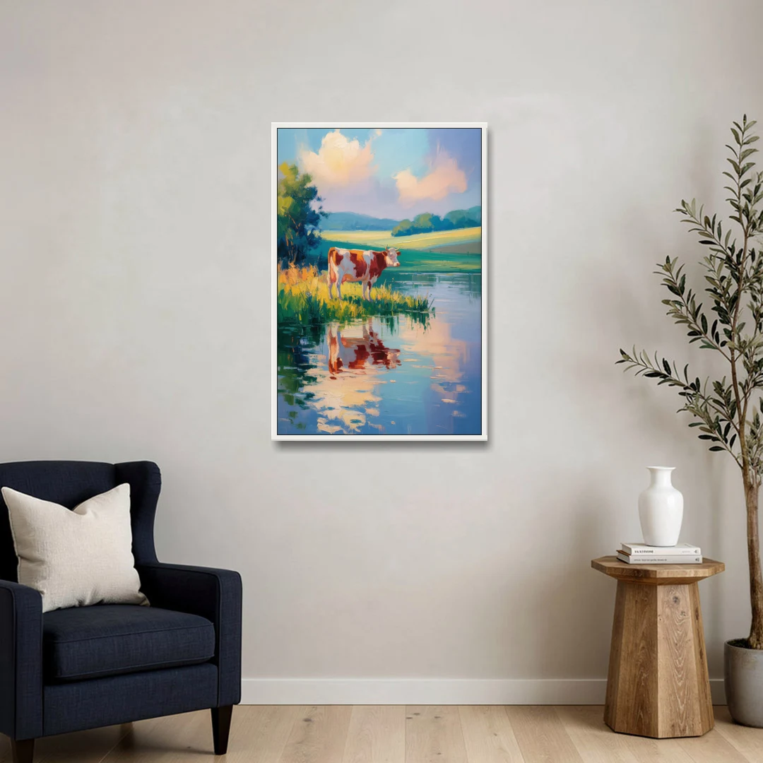 Reflective Cow by Water - White Framed Canvas Wall Art - Sofa - 24x36