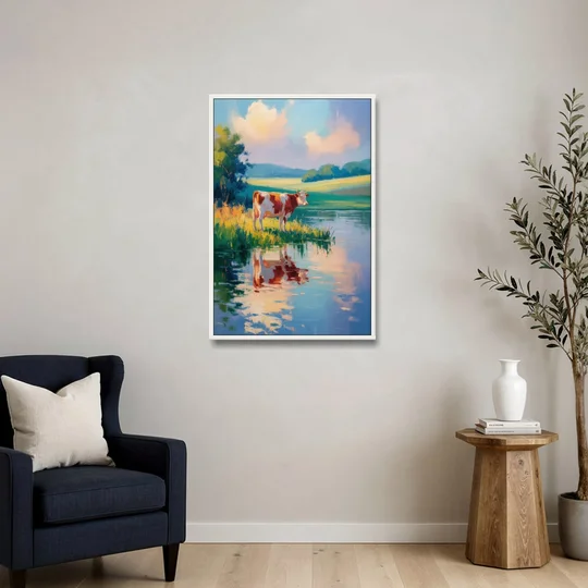 Reflective Cow by Water - White Framed Canvas Wall Art - Sofa - 24x36
