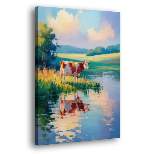 Reflective Cow by Water - Canvas Wall Art - Side