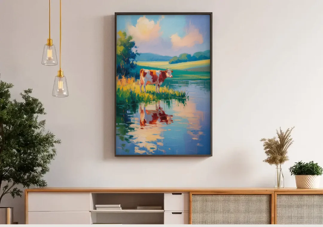 Reflective Cow by Water canvas wall art above a wooden sideboard under pendant lights