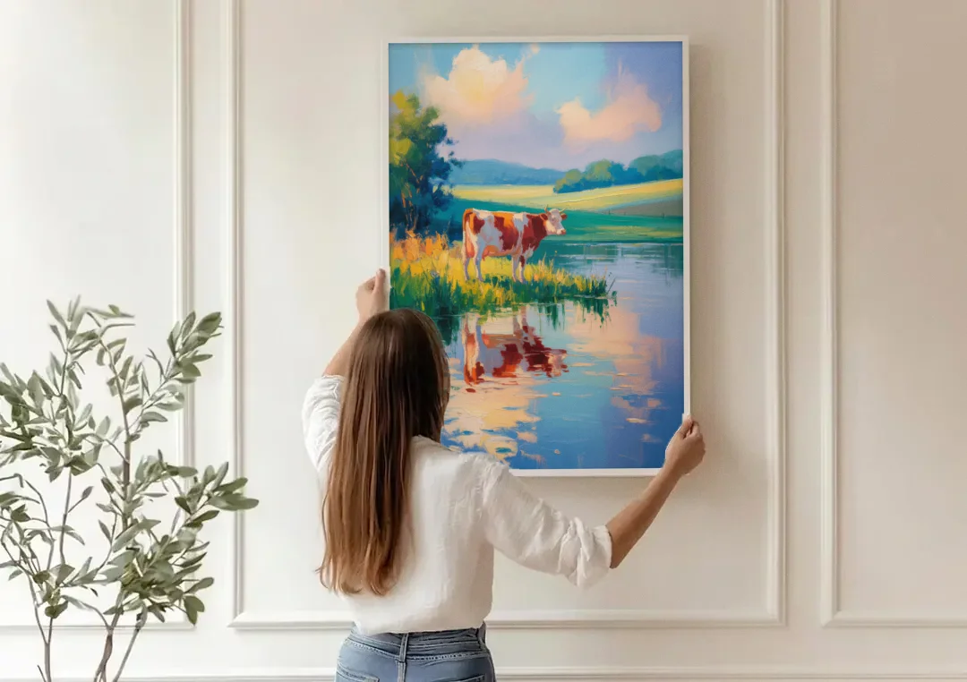 Reflective Cow by Water canvas wall art being hung on a paneled wall