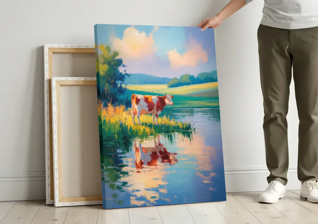 Reflective Cow by Water canvas wall art leaning against a wall next to blank canvases