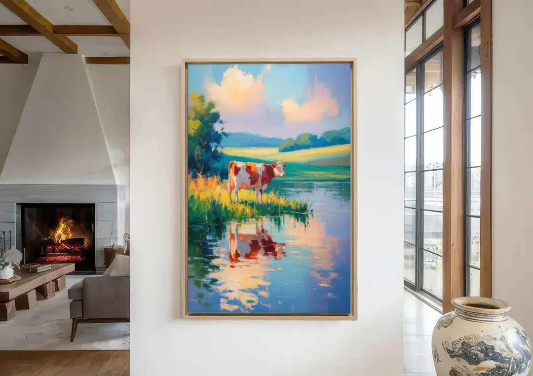 Reflective Cow by Water canvas wall art in a living room with a fireplace