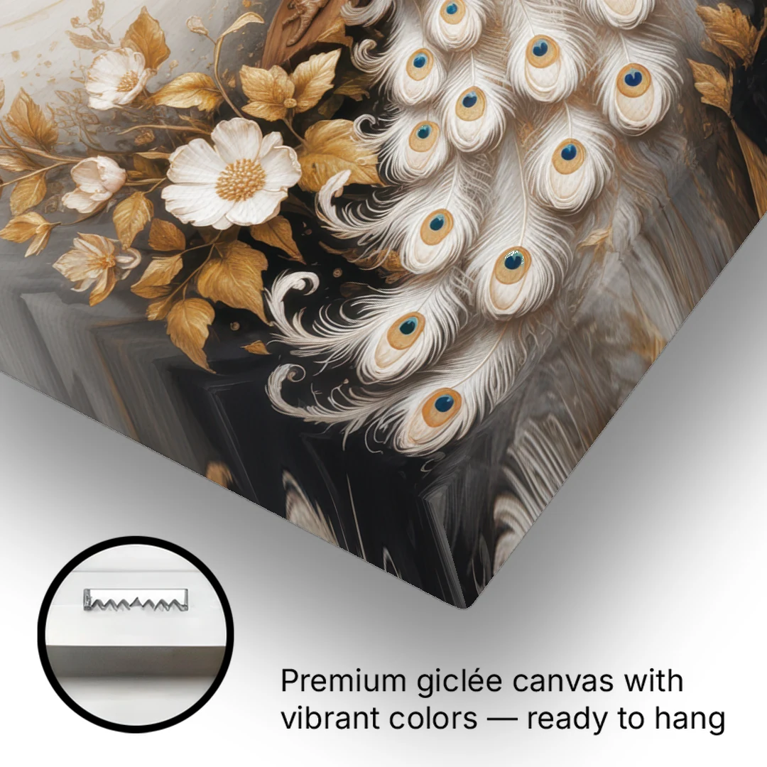 Regal Peacock Splendor White and Gold - Canvas Wall Art - Gallery Wrap Corner