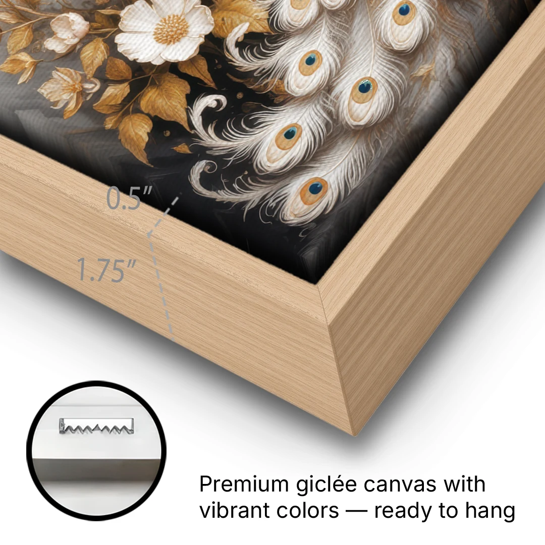 Regal Peacock Splendor White and Gold - Oak Framed Canvas Wall Art - Gallery Wrap Corner
