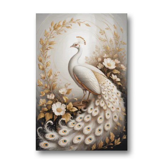 Regal Peacock Splendor White and Gold - Canvas Wall Art - Front