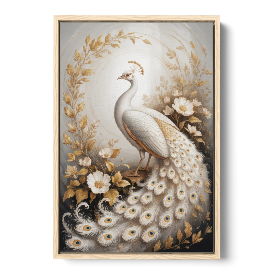 Regal Peacock Splendor White and Gold - Oak Framed Canvas Wall Art - Front