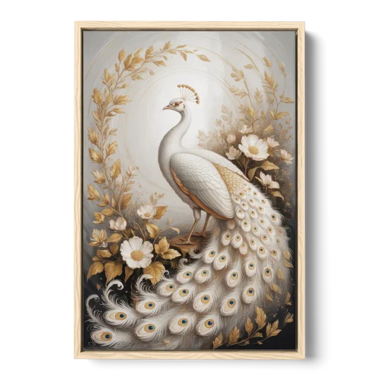 Regal Peacock Splendor White and Gold - Oak Framed Canvas Wall Art - Front